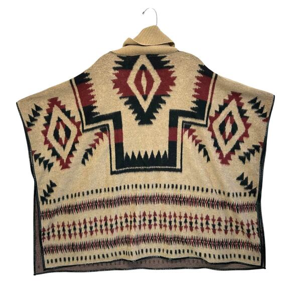 Lucky Brand Aztec Cape Poncho Women's Sz OS Tan Red Wool Boho Southwestern Cozy - Picture 2 of 7